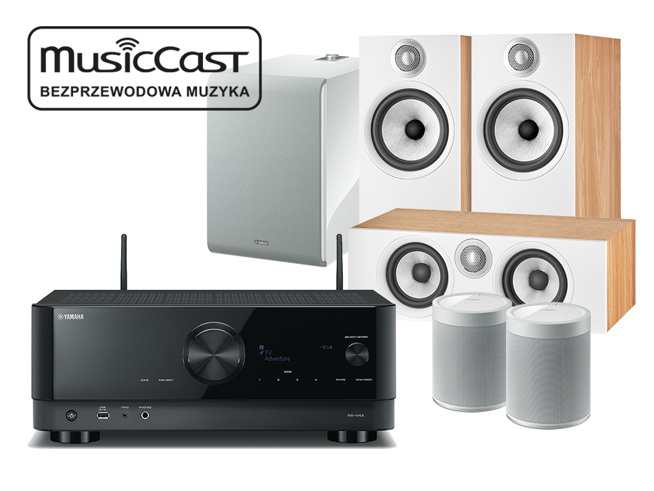 RX-V4A + 606 S2 Anniversary Edition + HTM6 S2 Anniversary Edition + 2 x MusicCast 20 + Sub 100 to przykład zestawu kina domowego, w którym rolę głośników efektowych pełnią głośniki bezprzewodowe