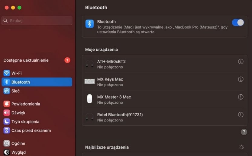 Ustawienia Bluetooth macOS