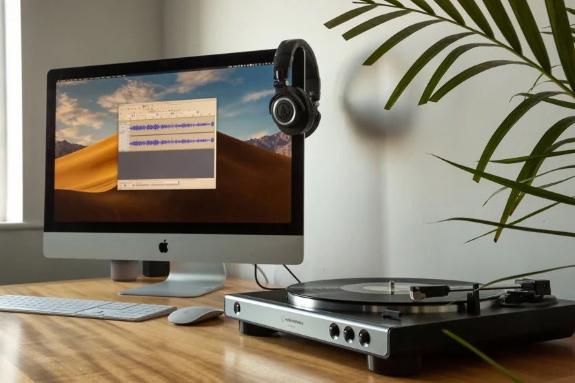 macbook, obok stoi gramofon, na macbooku powieszone słuchawki - dobrze wyposażony zestaw