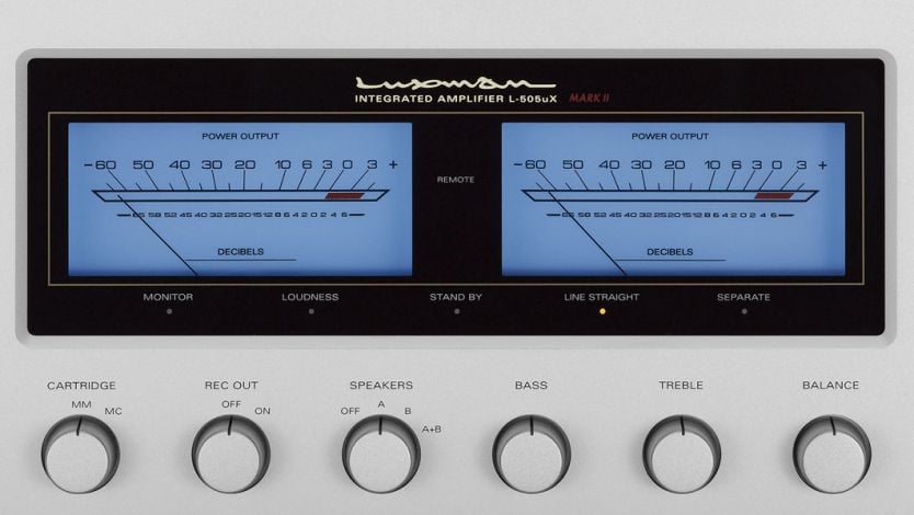Wskaźnik wysterowania audio w modelu firmy Luxman w kolorze niebieskim (wzmacniacz Luxman)